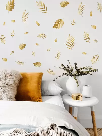 4 件金属叶图案墙贴，金色自粘墙贴艺术贴花，用于家居装饰，贴纸，墙贴，乙烯基贴花，春季装饰品，让您的家焕然一新，拉玛装饰贴纸礼物生日毕业