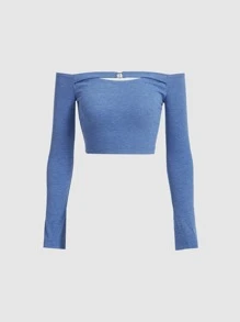 SHEIN MOD Áo thun nữ Cắt ra Nhẫn màu trơn Giải trí - Màu xanh lam - Xem 2