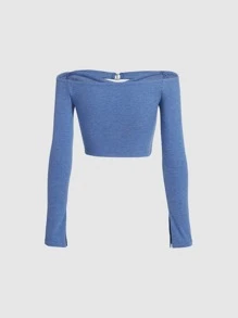 SHEIN MOD Áo thun nữ Cắt ra Nhẫn màu trơn Giải trí - Màu xanh lam - Xem 7