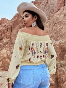 SHEIN Holidaya Plus Western Floral Embroidery Shirred Off Shoulder Blouse - Apricot - View 2