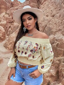 SHEIN Holidaya Plus Western Floral Embroidery Shirred Off Shoulder Blouse - Apricot - View 3