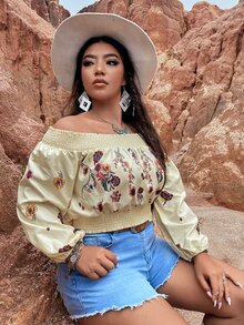 SHEIN Holidaya Plus Western Floral Embroidery Shirred Off Shoulder Blouse - Apricot - View 5