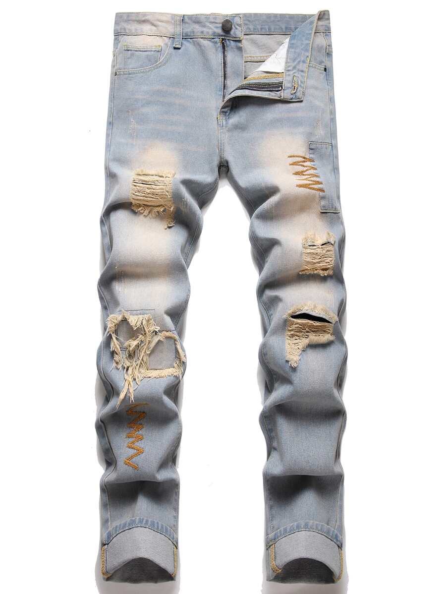 男士刺绣破洞修身直筒牛仔裤 - 淺色水洗藍 - 查看 1