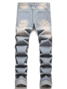 男士刺绣破洞修身直筒牛仔裤 - 淺色水洗藍 - 查看 2