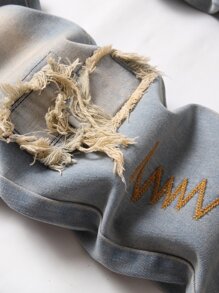 男士刺绣破洞修身直筒牛仔裤 - 淺色水洗藍 - 查看 7