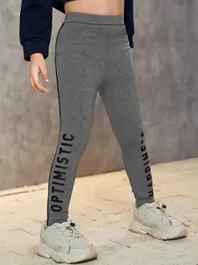 SHEIN Toddler Girl Leggings Tương phản ràng buộc Lá thư Thể thao - Xám - Xem 1