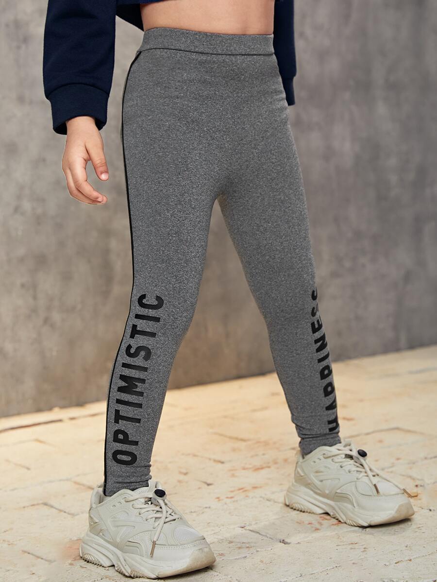 SHEIN Toddler Girl Leggings Tương phản ràng buộc Lá thư Thể thao - Xám - Xem 1