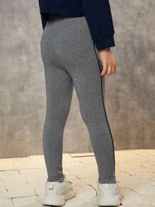 SHEIN Toddler Girl Leggings Tương phản ràng buộc Lá thư Thể thao - Xám - Xem 2