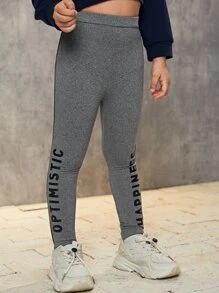 SHEIN Toddler Girl Leggings Tương phản ràng buộc Lá thư Thể thao - Xám - Xem 5