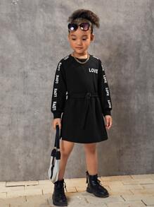 SHEIN 小女童字母織帶插肩袖腰帶衛衣洋裝