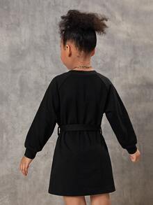 SHEIN 小女童字母織帶插肩袖腰帶衛衣洋裝