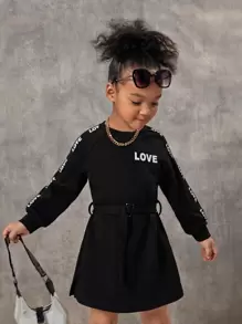SHEIN 小女童字母織帶插肩袖腰帶衛衣洋裝