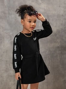 SHEIN 小女童字母織帶插肩袖腰帶衛衣洋裝