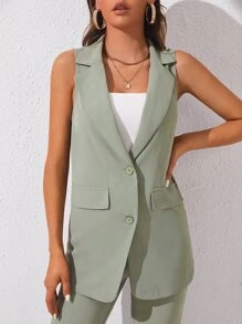 SHEIN Tall Bộ âu phục nữ Túi Nút phía trước màu trơn Thanh lịch - Màu xanh Bạc hà - Xem 3