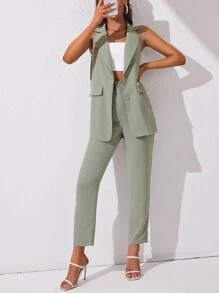 SHEIN Tall Bộ âu phục nữ Túi Nút phía trước màu trơn Thanh lịch - Màu xanh Bạc hà - Xem 4