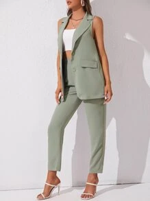 SHEIN Tall Bộ âu phục nữ Túi Nút phía trước màu trơn Thanh lịch - Màu xanh Bạc hà - Xem 6