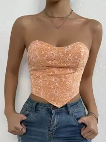 SHEIN ChicEase 花卉刺繡荷葉邊露背手帕下擺抹胸上衣 - 橘色 - 查看 3