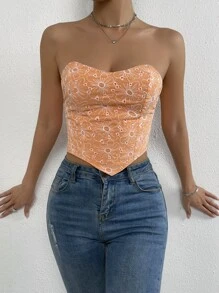 SHEIN ChicEase 花卉刺繡荷葉邊露背手帕下擺抹胸上衣 - 橘色 - 查看 6