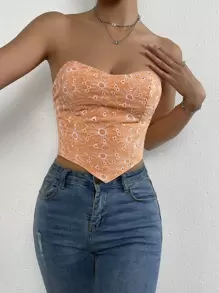 SHEIN ChicEase 花卉刺繡荷葉邊露背手帕下擺抹胸上衣 - 橘色 - 查看 4