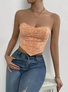 SHEIN ChicEase 花卉刺繡荷葉邊露背手帕下擺抹胸上衣 - 橘色 - 查看 7