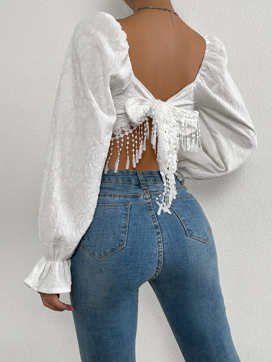 SHEIN LUNE Jacquard Tie Back Flounce Sleeve Fringe Trim Asymmetrical Hem Blouse