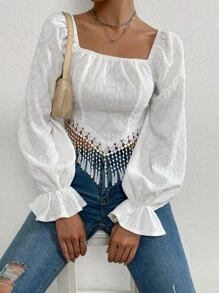 SHEIN LUNE Jacquard Tie Back Flounce Sleeve Fringe Trim Asymmetrical Hem Blouse