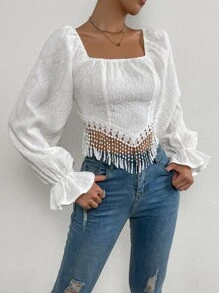 SHEIN LUNE Jacquard Tie Back Flounce Sleeve Fringe Trim Asymmetrical Hem Blouse