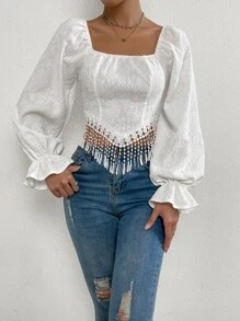 SHEIN LUNE Jacquard Tie Back Flounce Sleeve Fringe Trim Asymmetrical Hem Blouse