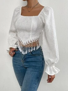 SHEIN LUNE Jacquard Tie Back Flounce Sleeve Fringe Trim Asymmetrical Hem Blouse