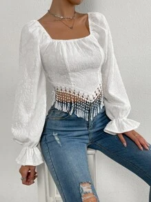 SHEIN LUNE Jacquard Tie Back Flounce Sleeve Fringe Trim Asymmetrical Hem Blouse