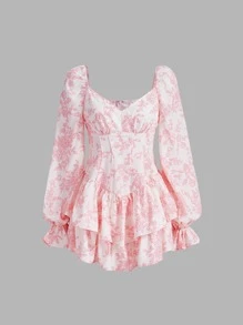 SHEIN MOD Vestido con estampado floral bajo con fruncido - Rosa Pálido - Ver 1