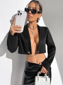 SHEIN ICON Áo khoác  âu phục nữ Chuỗi màu trơn Giải trí - màu đen - Xem 4