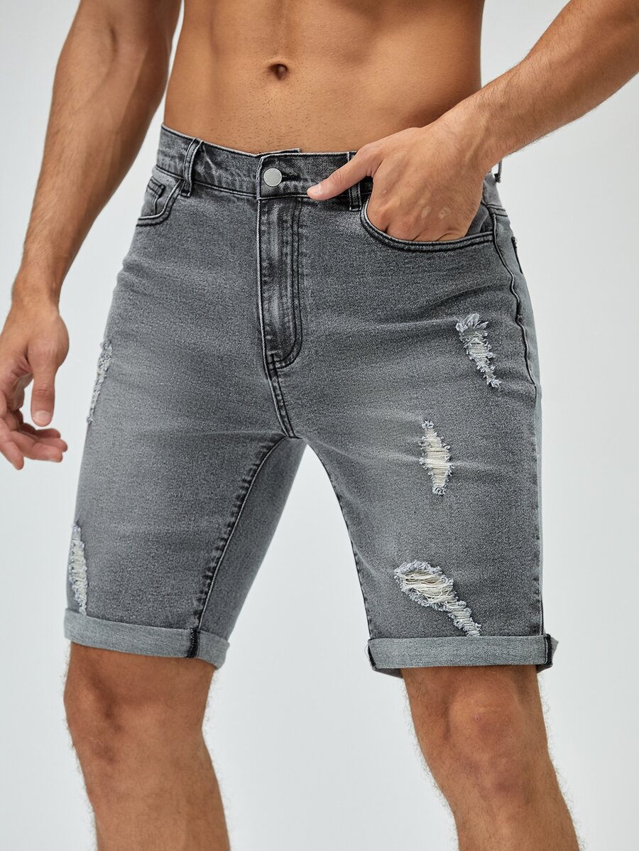 GENTILAND Hombres Shorts en mezclilla algodón desgarro crudo bajo de doblez - Gris - Ver 1