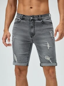 GENTILAND Hombres Shorts en mezclilla algodón desgarro crudo bajo de doblez - Gris - Ver 3