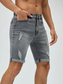 GENTILAND Hombres Shorts en mezclilla algodón desgarro crudo bajo de doblez - Gris - Ver 4