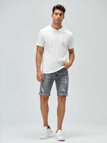 GENTILAND Hombres Shorts en mezclilla algodón desgarro crudo bajo de doblez - Gris - Ver 5