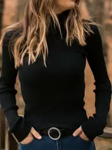 RueChic Solid Rib Knit High Neck Sweater - Black - View 1