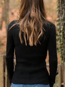 RueChic Solid Rib Knit High Neck Sweater - Black - View 2