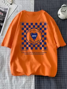 Manfinity Hypemode Hombres Camiseta con estampado de cuadros & de slogan - Naranja - Ver 1