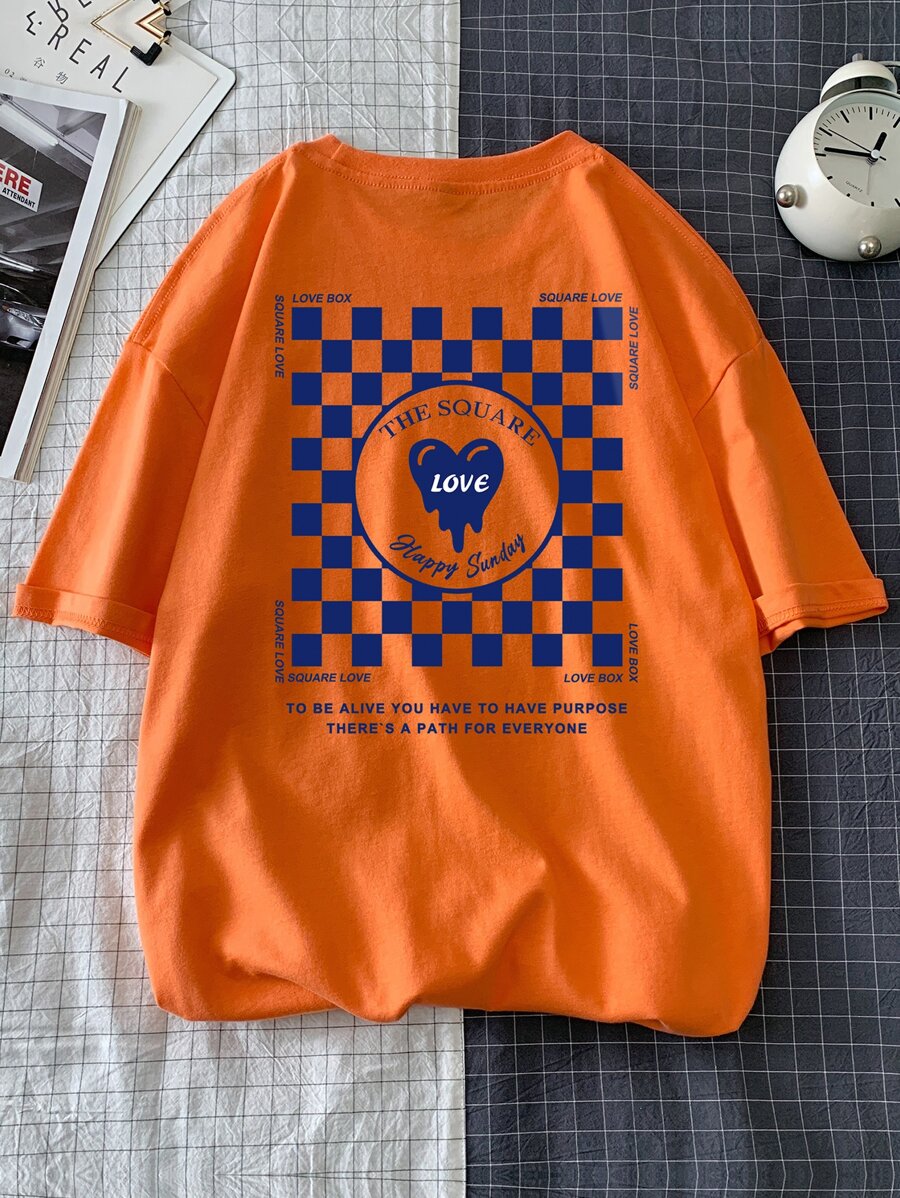 Manfinity Hypemode Hombres Camiseta con estampado de cuadros & de slogan - Naranja - Ver 1