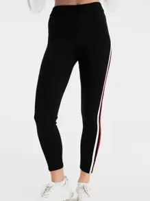 RueChic Side Striped Elastic Waist Joggers - Black - View 3