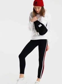 RueChic Side Striped Elastic Waist Joggers - Black - View 5