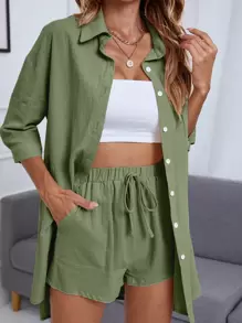INAWLY Camisa con botón de hombros caídos & Shorts - Verde militar - Ver 3