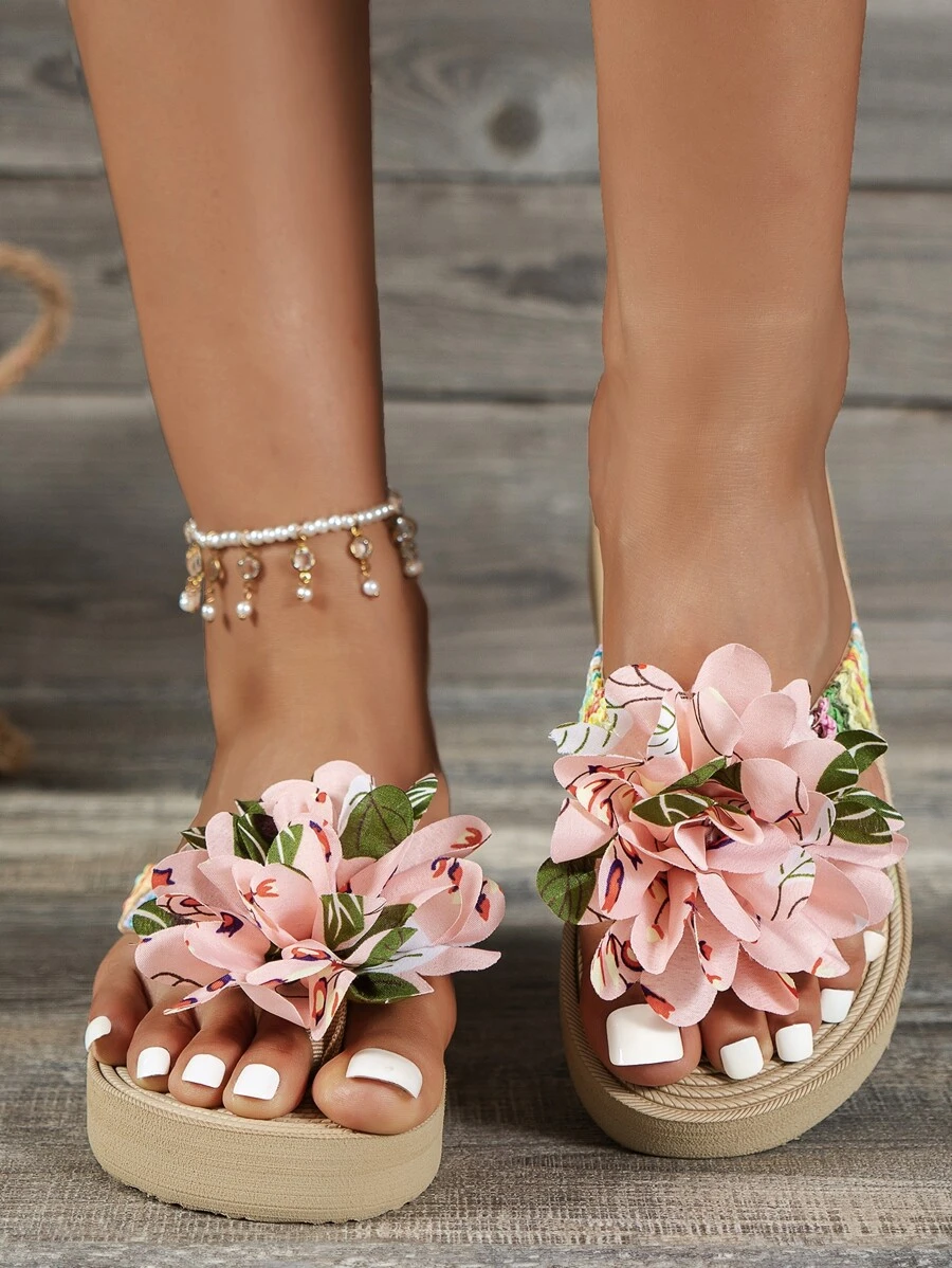 Women Flower Decor Colorblock Toe Post Flip Flops, Vacation Plastic Flip Flops - Multicolor - View 1