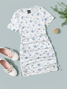 Dreamara Plus Cottagecore Ditsy Floral Drawstring Side Dress - White - View 1