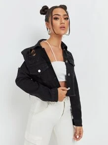 SHEIN EZwear Ripped Raw Trim Denim Jacket - Black - View 2