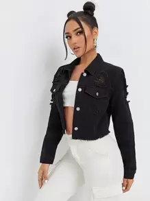 SHEIN EZwear Ripped Raw Trim Denim Jacket - Black - View 1