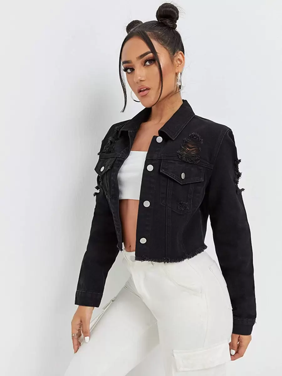 SHEIN EZwear Ripped Raw Trim Denim Jacket - Black - View 1