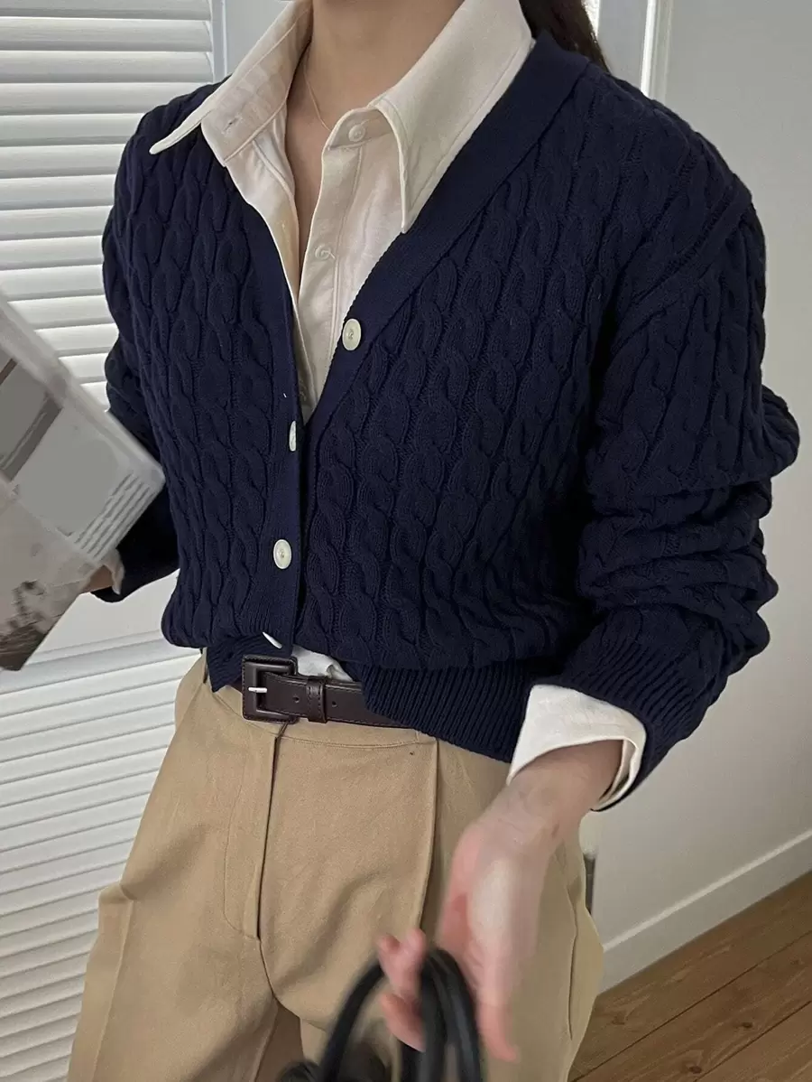 DAZY Cárdigan de punto liso y casual, para otoño e invierno, chaqueta de manga larga - Azul Marino - Ver 1