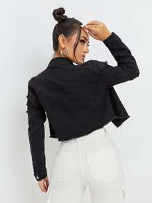 SHEIN EZwear Ripped Raw Trim Denim Jacket - Black - View 3